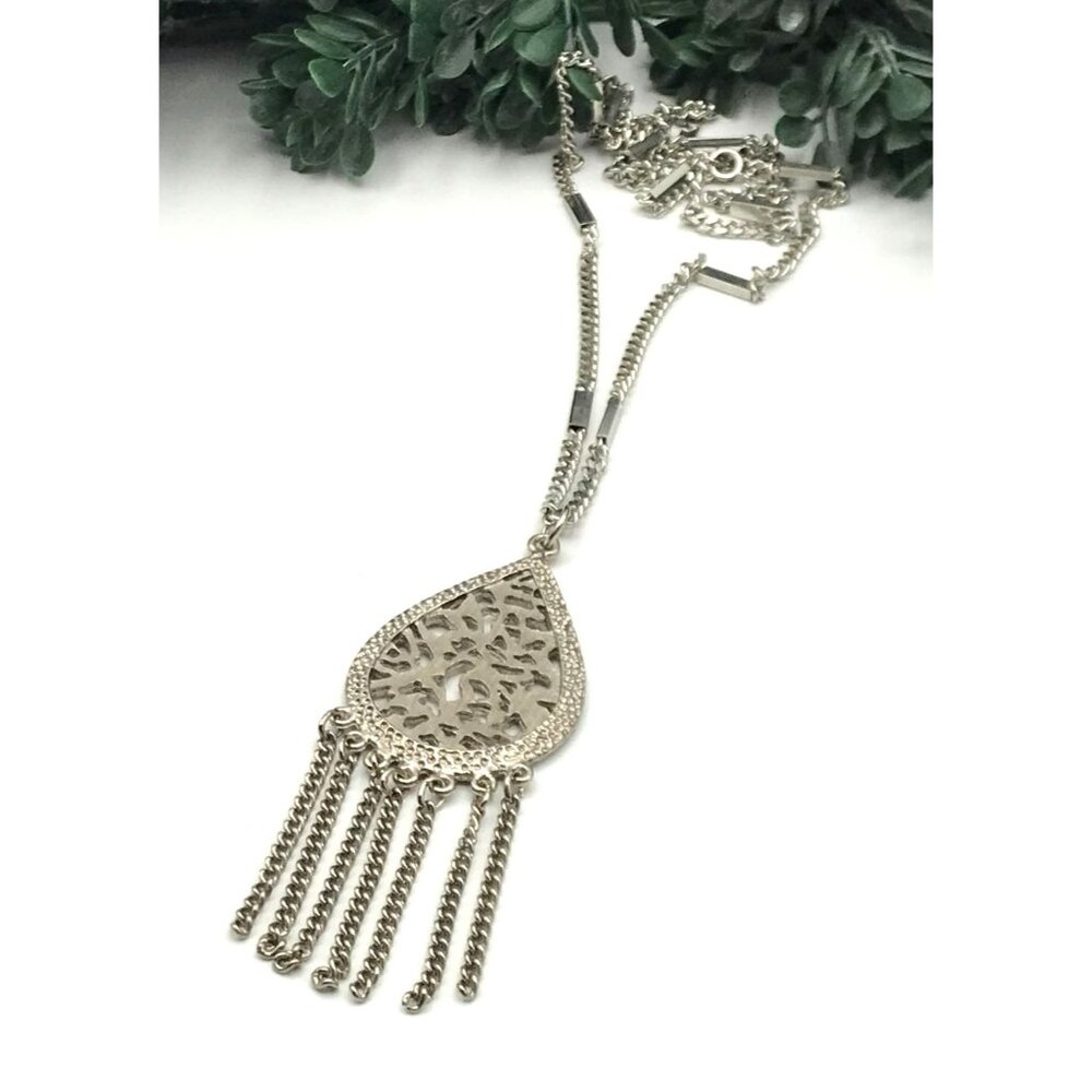 Vintage Silver tone Teardrop Filigree Pendant Necklace With Chain Fringe